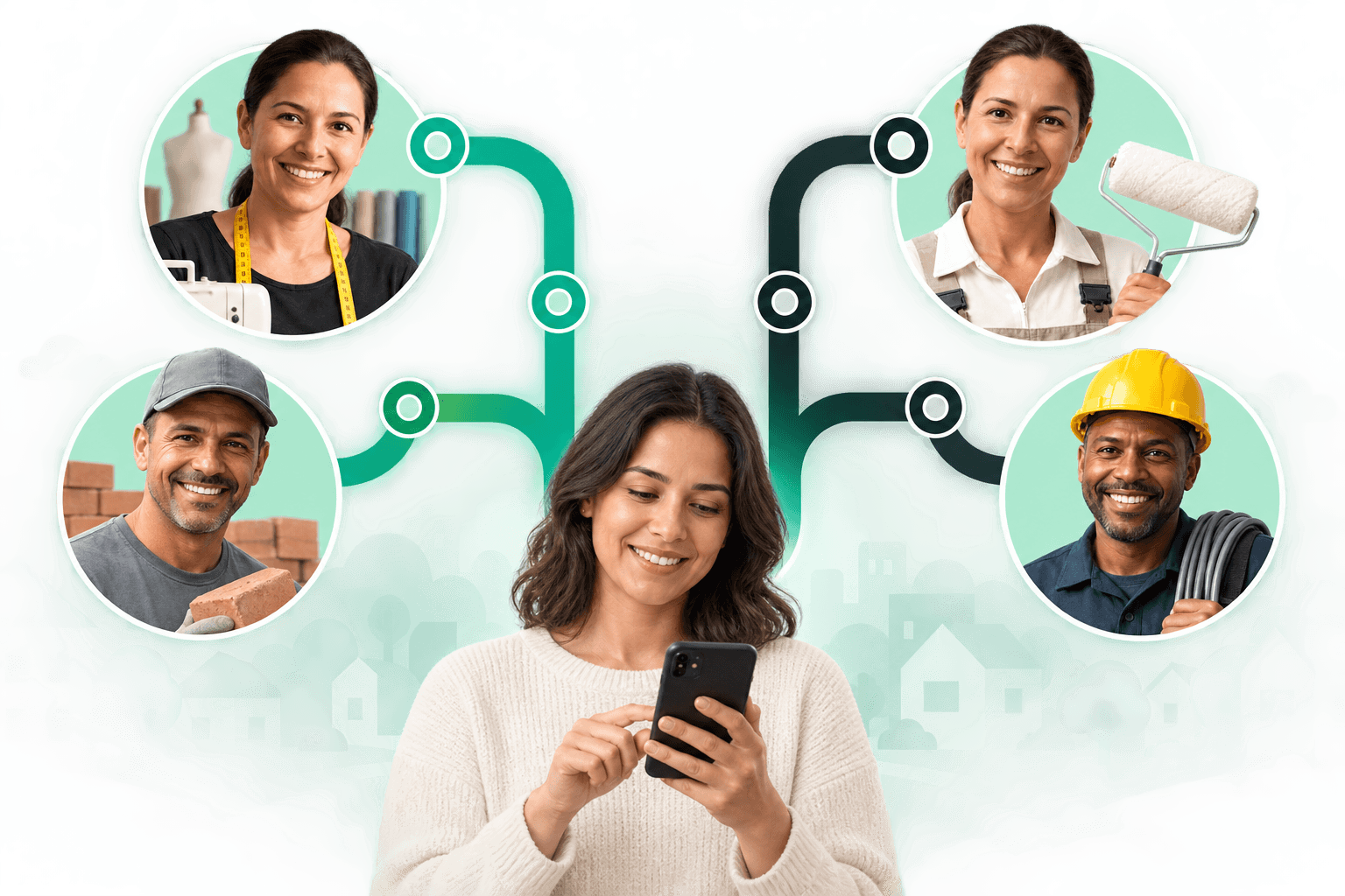 Ilustração de uma cliente conectada a profissionais de diferentes ofícios